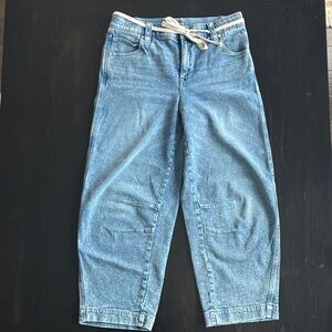Light Blue Barrel Denim Jeans with White Tie